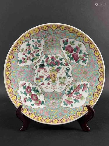 Chinese Antique Famille Rose Large Yellow Charger