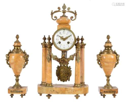 A French Siena marble and gilt brass mounted mantel clock ga...