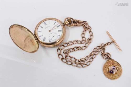 Edwardian 9ct rose gold watch chain with gold and enamel Bur...