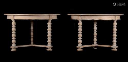 A pair of modern limed oak demi-lune console tables