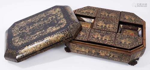 19th century Chinese black lacquer games box