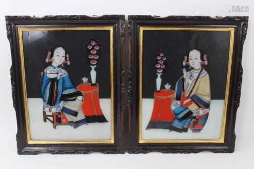 Pair of antique Chinese reverse paintings on glass in frames