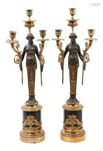 Pair of Empire style bronze and ormolu three branch candelab...