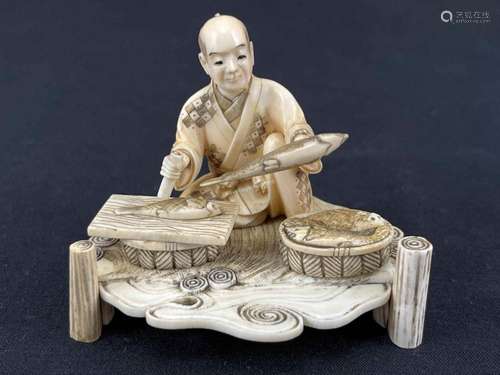 Antique Japanese Carved Miniature Fishmonger