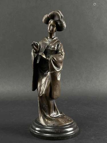 Japanese Bronze Figure, Geisha on Marble Pedestal