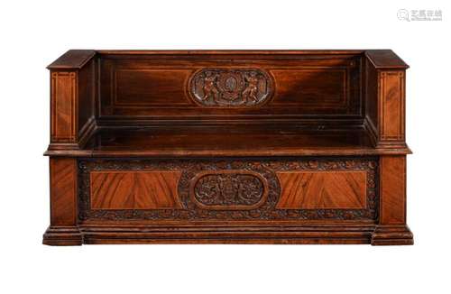 An Italian walnut and inlaid hall bench or Cassapanca