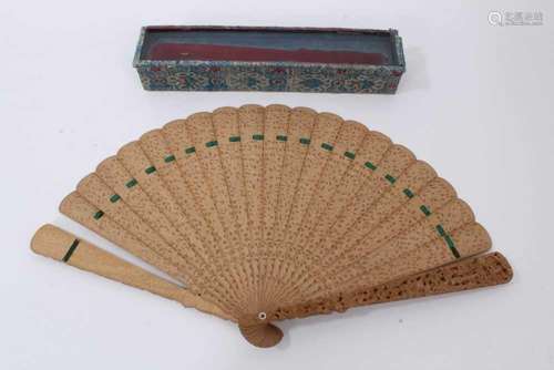 Fine 19th century Chinese carved box wood fan in case