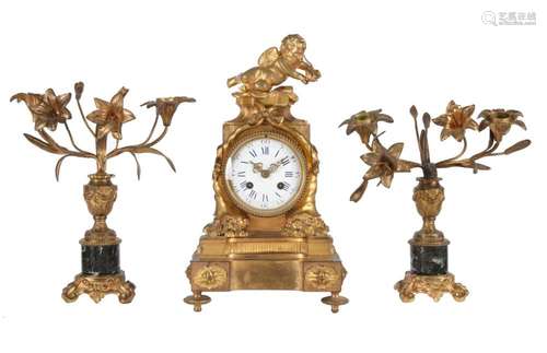 A Napoleon III ormolu and verde antico marble mantel clock, ...