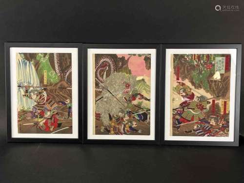 Japanese Woodblock Print Battle Triptych