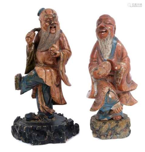 Pair of 18th century Chinese soapstone and polychrome figure...