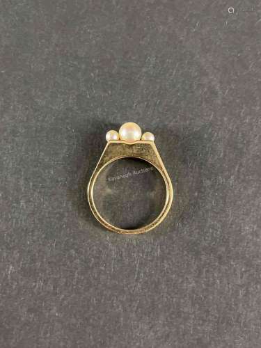 French 18K Gold Lady Ring with Pearls, Size 6.5