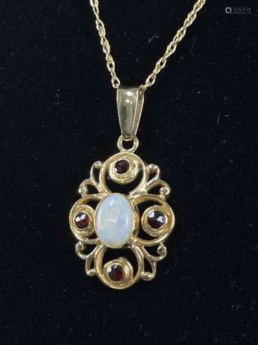 14K Gold Necklace with Opal and Garnet Stones