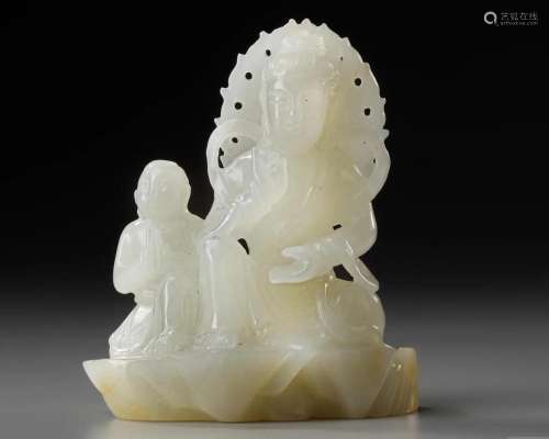 A CHINESE WHITE JADE 'GUANYIN AND ACOLYTE' CARVING,