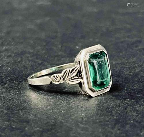 14K Gold Art Deco Faceted Green Tourmaline Ring