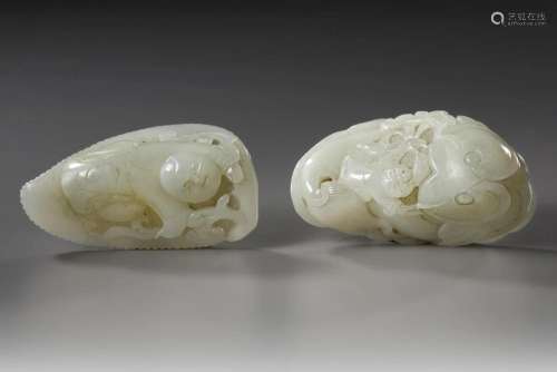 TWO LARGE CHINESE PALE CELADON JADE 'BOYS' CARVINGS,