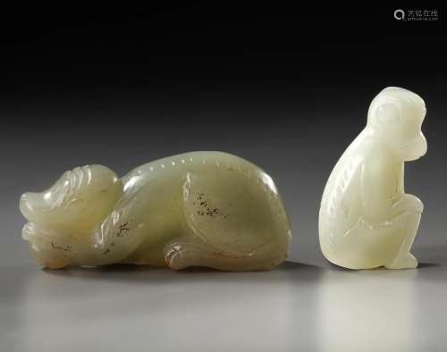 TWO CHINESE CELADON AND PALE CELADON JADE MONKEYS, 20TH