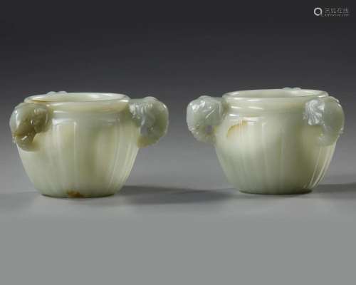 A PAIR OF CHINESE PALE CELADON JADE CENSERS, 19TH-20TH