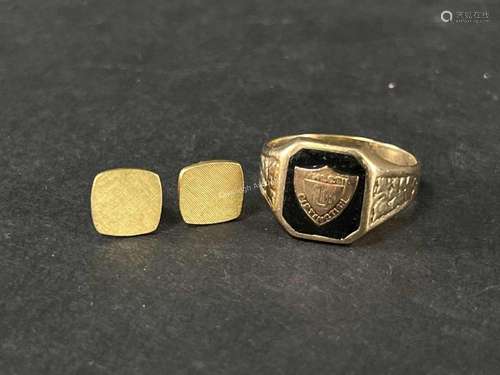 Pair 18K Gold Earrings, 14K Gold Mens Class Ring