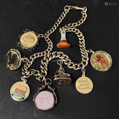 9K Gold Watch Fob and 8 Charms