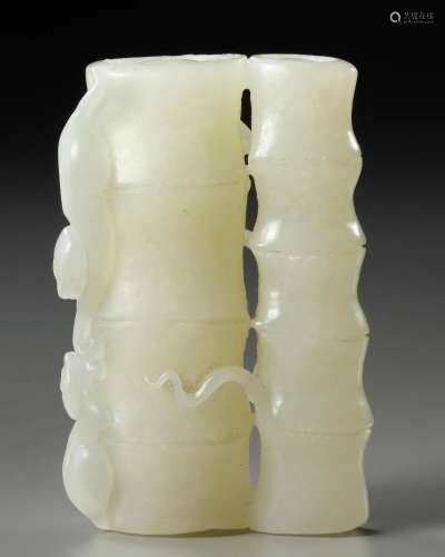 A CHINESE PALE CELADON JADE 'MONKEY AND BAMBOO'