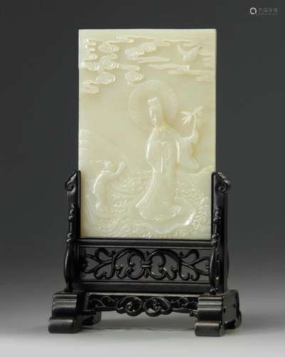 A CHINESE CELADON JADE 'GUANYIN' TABLE SCREEN, QING