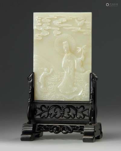 A CHINESE CELADON JADE 'GUANYIN' TABLE SCREEN, QING