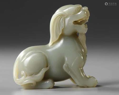 A PALE GREEN JADE CARVING OF A QILIN, 19TH CENTURY