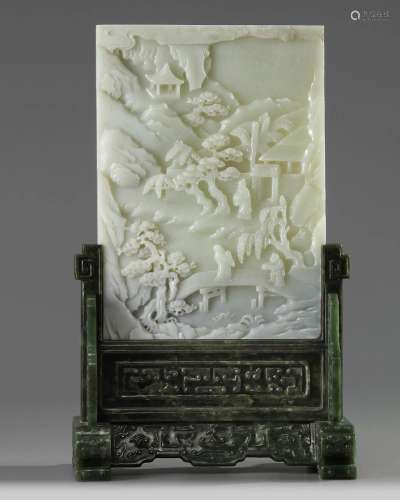 A CHINESE PALE CELADON JADE TABLE SCREEN ON A SPINACH