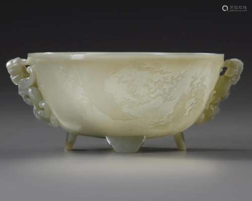 A CHINESE CELADON JADE 'POETIC' TWIN HANDLED BOWL, Q...
