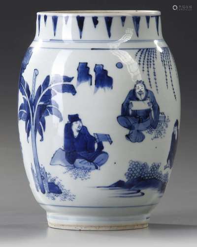 A CHINESE BLUE AND WHITE 'SCHOLARS' JAR, 20TH CENTUR...