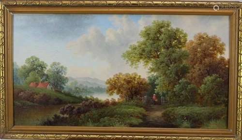 M. Winder oil on board- wooded river landscape with a figure...