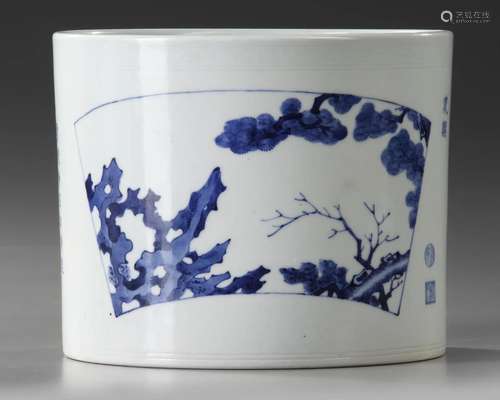 A CHINESE BLUE AND WHITE BRUSH POT, BITONG, QING