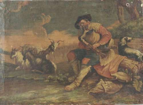 18th Century Italian School, oil on canvas, Goats, a herdsma...