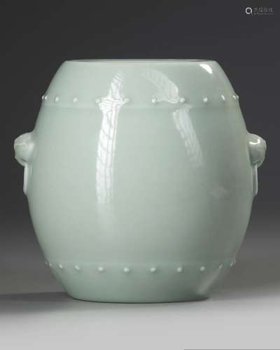 A CHINESE CELADON-GLAZED DRUM-SHAPED VASE, QING DYNASTY