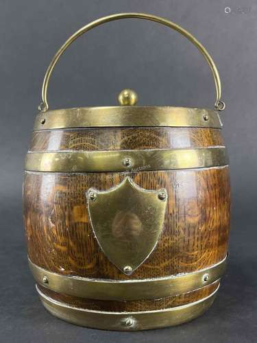 Antique Oak and Brass Armorial Ice Bucket