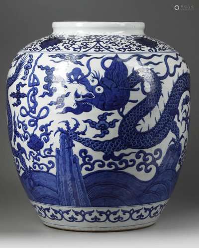 A LARGE BLUE AND WHITE 'DRAGON' JAR, MING-STYLE,