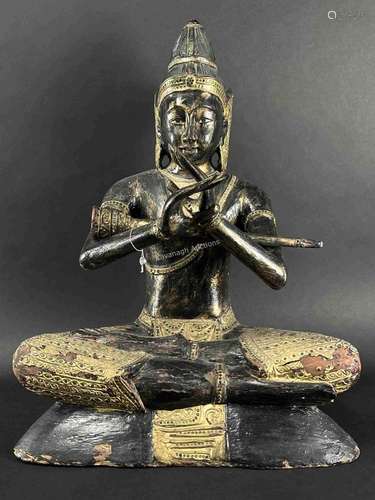 Thai Antique Carved Ebony Buddha Playing Flute