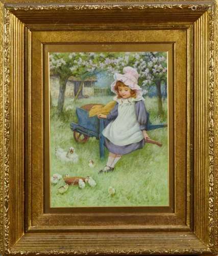 William Affleck (1869-1943) watercolour - Girl and chicks in...