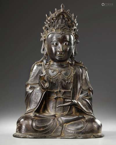 A LARGE CHINESE HEAVILY CAST BRONZE GUANYIN, MING