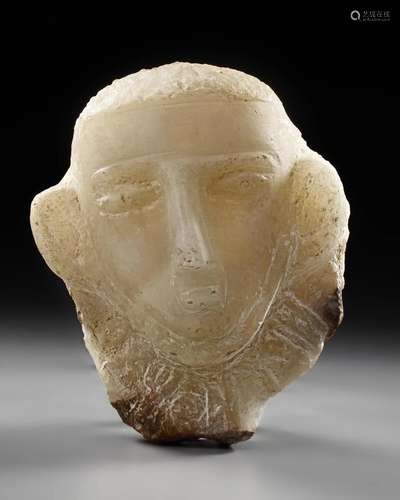 A CARVED ALABASTER FUNERARY PORTRAIT WITH INSCRIPTION