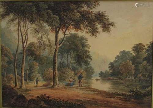 F. Nicholson watercolour landscape- figures fishing by woodl...