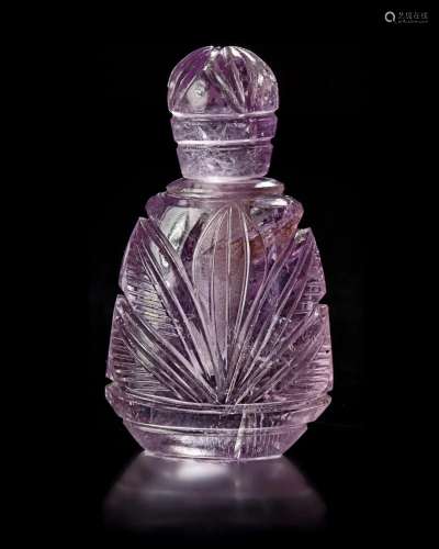 A CARVED AMETHYST FLASK WITH STOPPER, INDIA, LATE