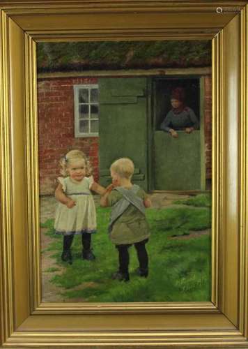 Emile Caroline Mundt (1849-1922) oil on canvas, Children pla...