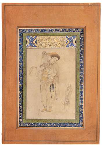 AN ILLUMINATED PERSIAN MINIATURE, MUSICIAN AND TWO