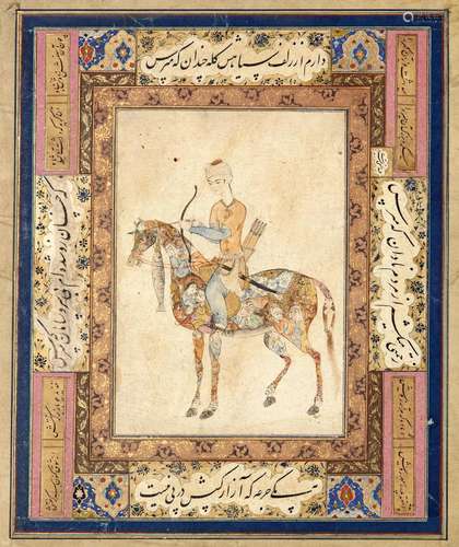 AN ILLUMINATED PERSIAN MINIATURE, ARCHER RIDING A