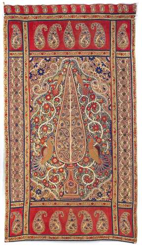 A QAJAR EMBROIDERED AND APPLIQUÃ‰ WOOL RESHT PANEL,