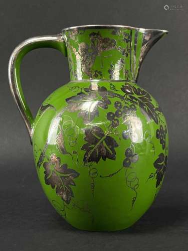 Mila Silver Overlay Green Vase Pitcher, Grapes