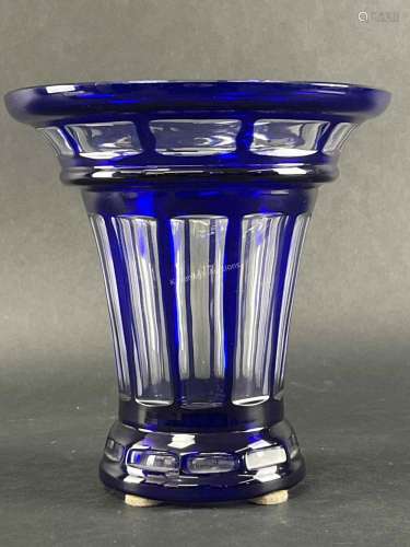 Art Glass Bohemian Cobalt Blue and Clear Vase