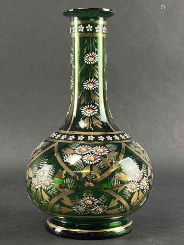 Bohemian Green Glass Vase Enamel Gilt Decoration