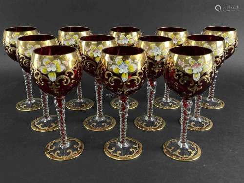 12 Murano Ruby Glass Gilded Flower Wine Glasses